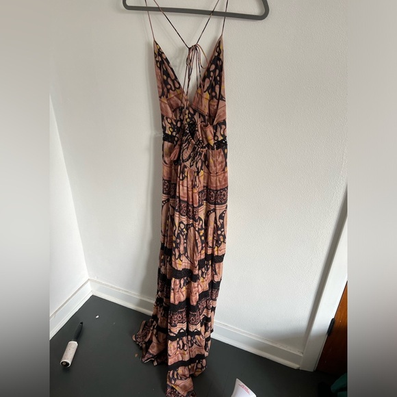 FREE PEOPLE Elektra Maxi Dress Tie Back Halter Tiered Sahara Combo, size XL - Picture 4 of 6